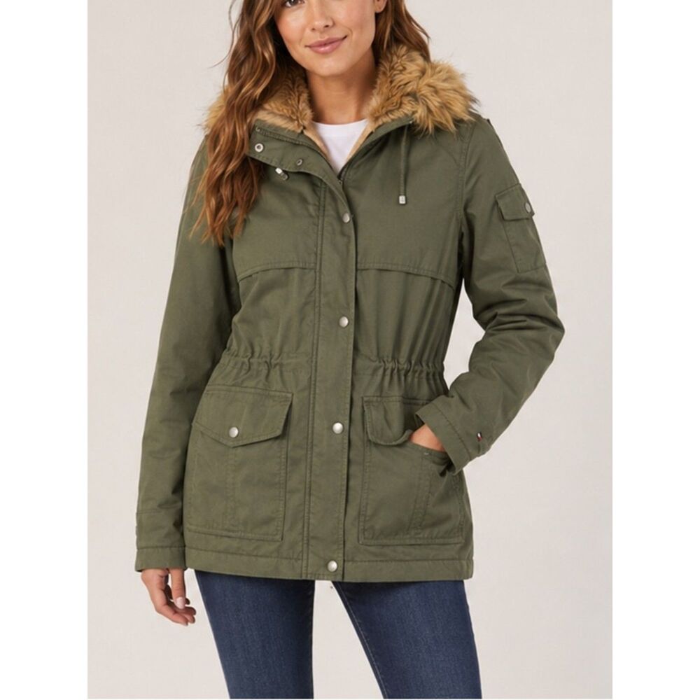 Tommy Hilfiger Army Green Hooded Cinched Parka Faux Fur Trim Women’s Size S